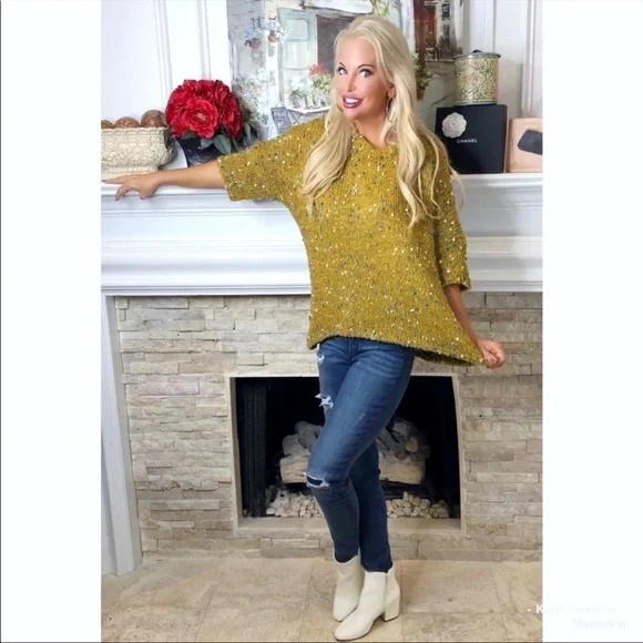 LAST! Mustard Confetti Scoop Neck Oversized Confetti Sweater! - Picture 5 of 7